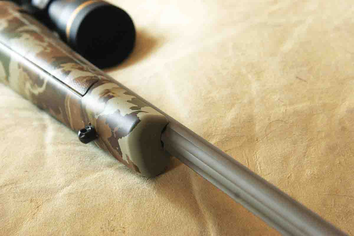 The very stiff stock’s forend includes a pressure point behind the tip to calm the slim barrel’s vibrations.